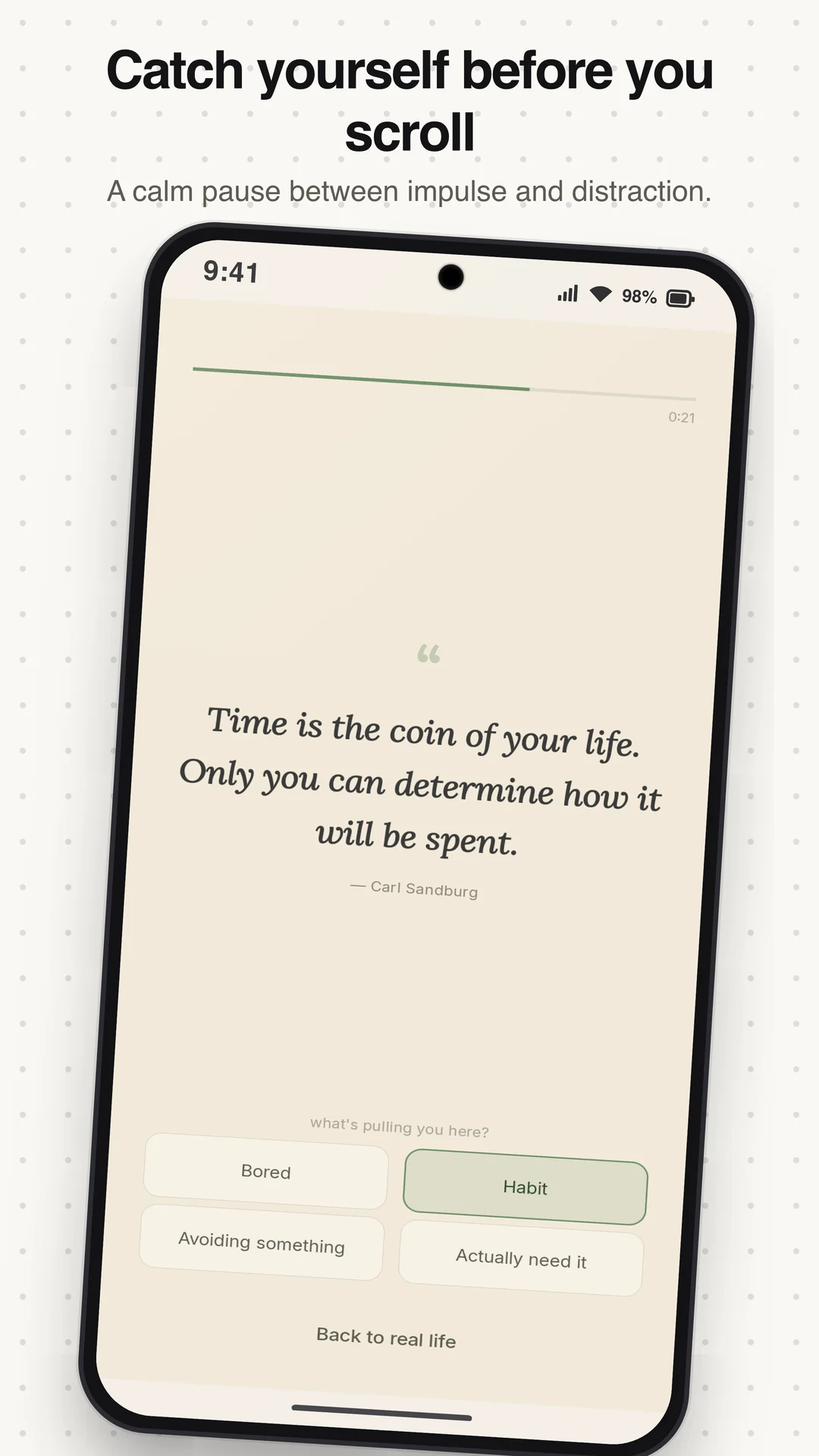 Forslow habit pause screen on Android showing catch yourself trigger