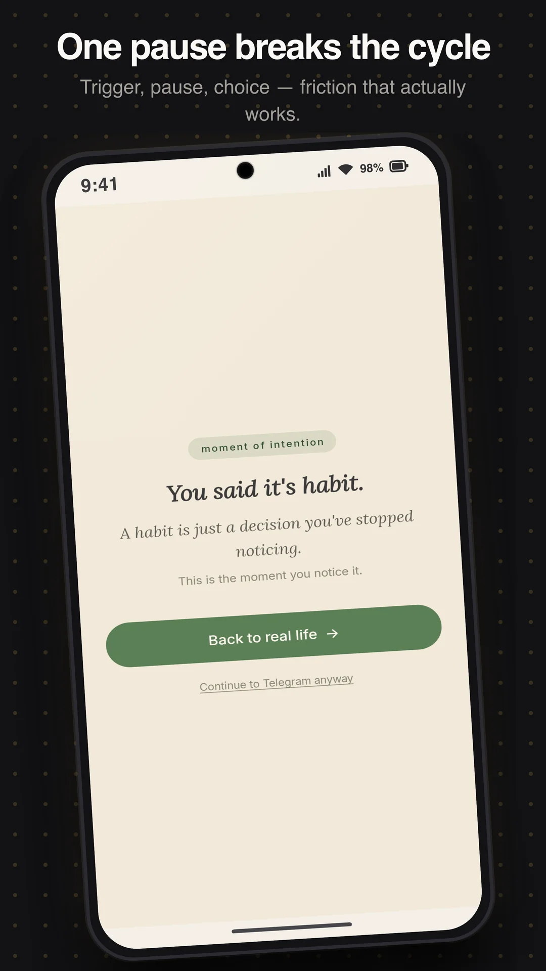 Forslow 10-second mindful pause delay breathing screen on Android