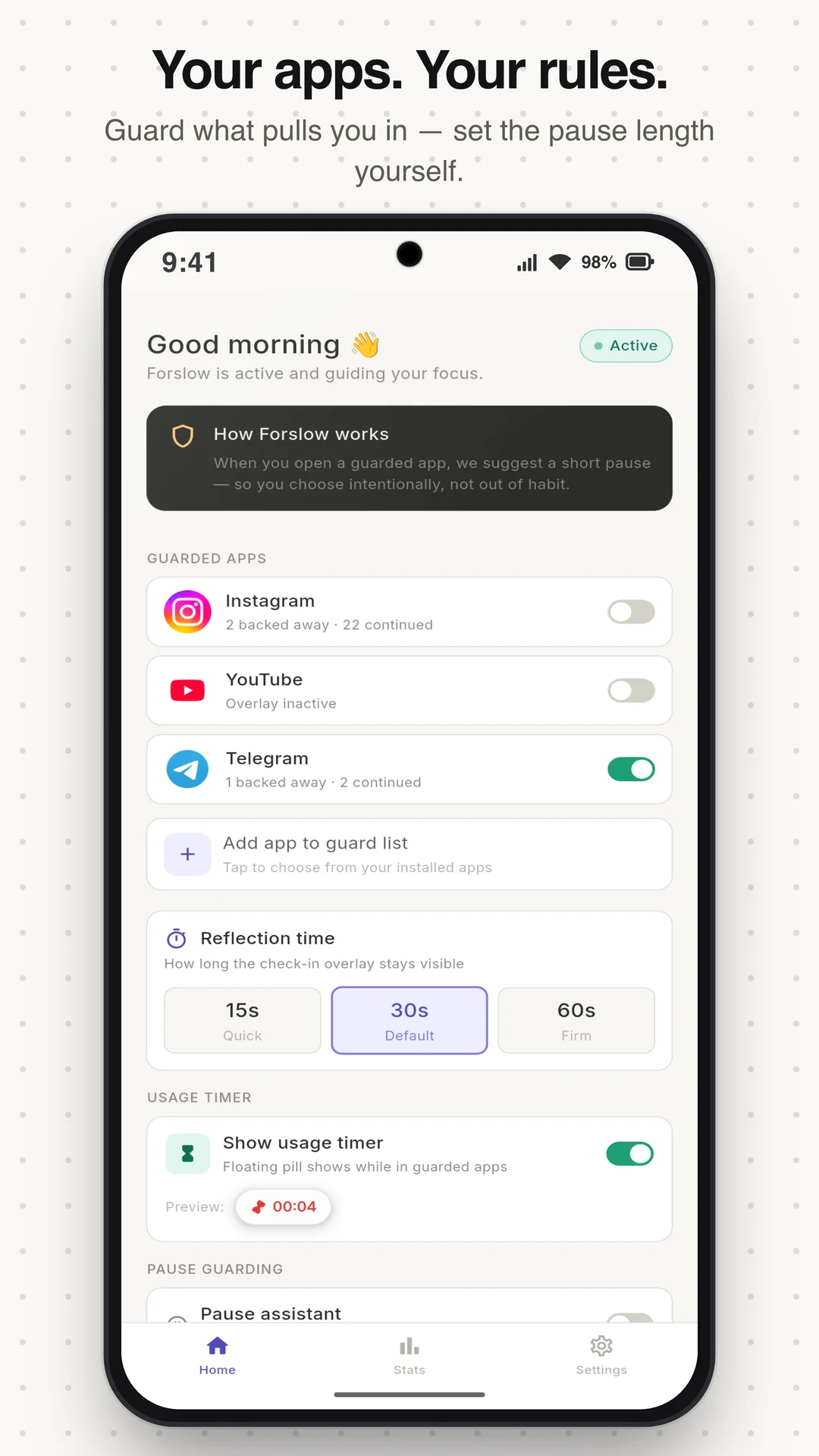 Forslow custom habits and app selection rules configuration on Android